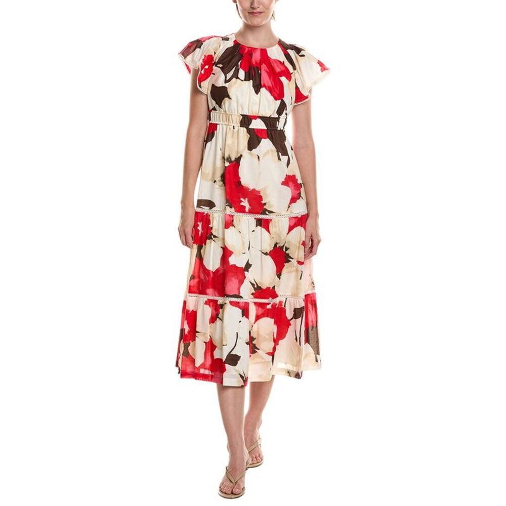 Anne Klein Womens  Petite Flutter Sleeve Tiered Midi Dress, White